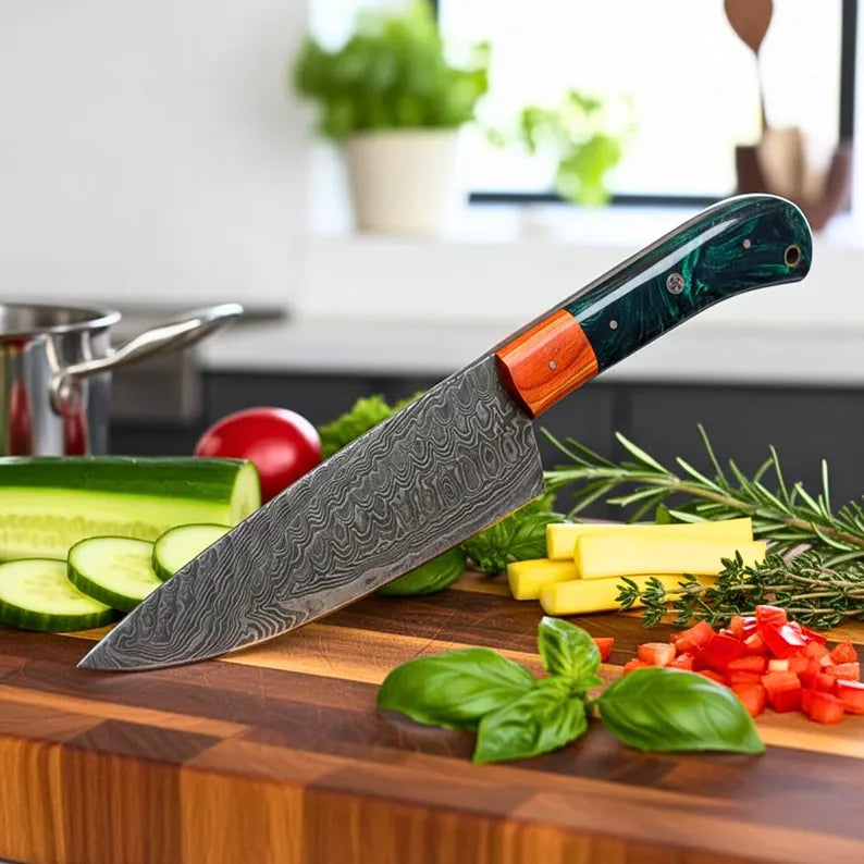 Professional Damascus Cooking Knife 7" Chef & BBQ Knives Green Swirled Handle - US Duty Free