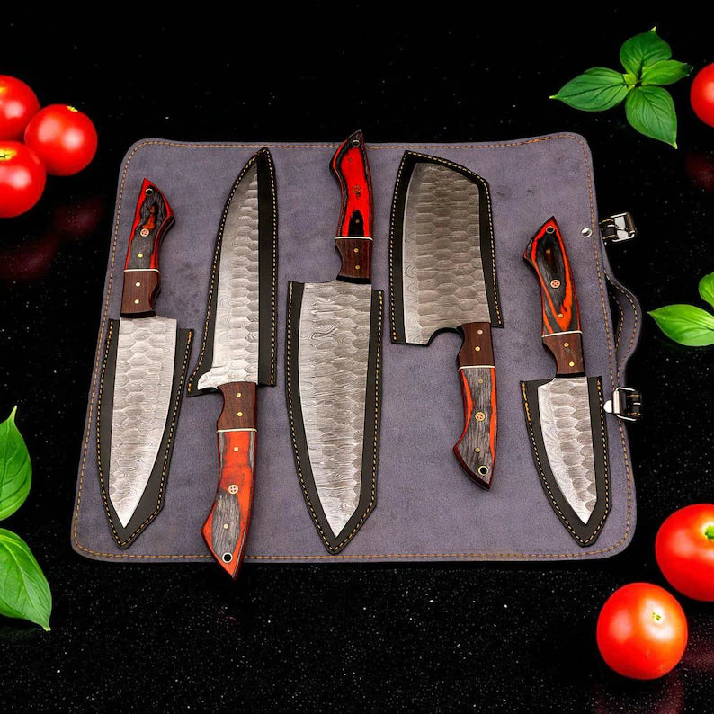 Hand Forged Damascus Steel 5-Piece Chef Knife Set, Pakka Wood Handle