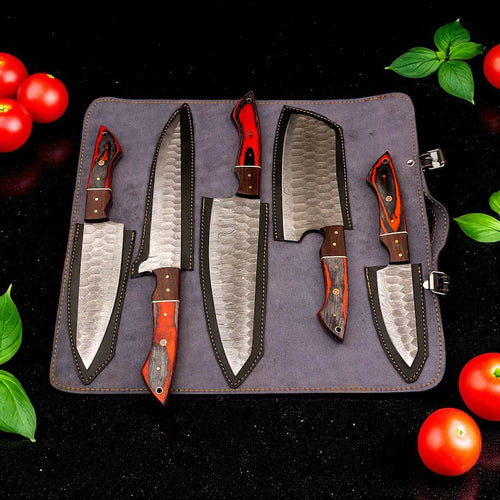 Hand Forged Damascus Steel 5-Piece Chef Knife Set, Pakka Wood Handle