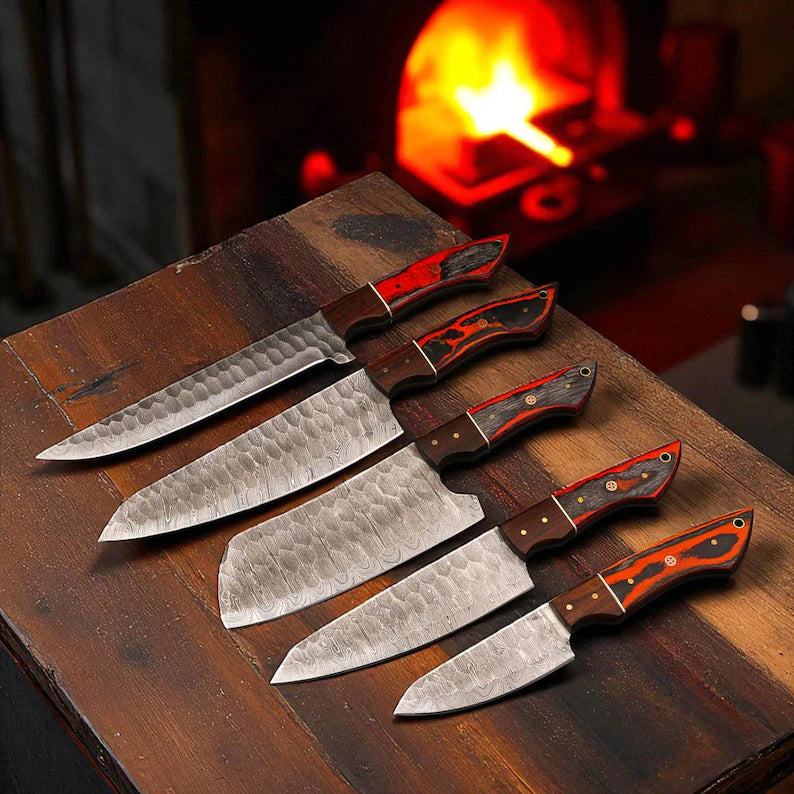 Hand Forged Damascus Steel 5-Piece Chef Knife Set, Pakka Wood Handle