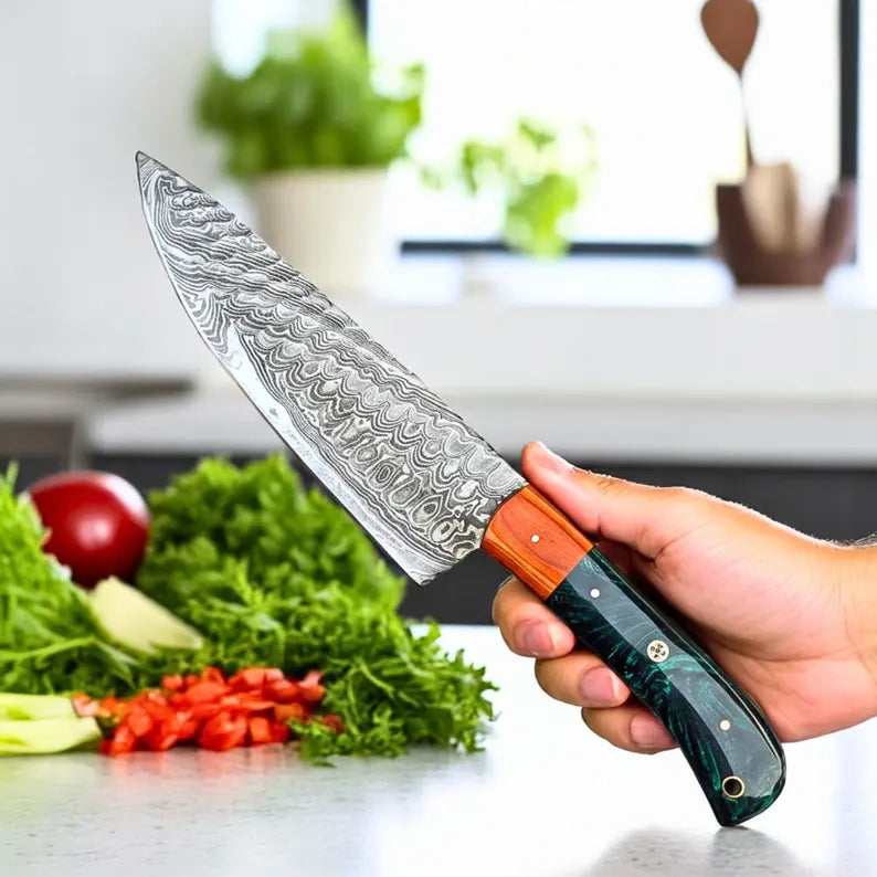 Professional Damascus Cooking Knife 7" Chef & BBQ Knives Green Swirled Handle - US Duty Free