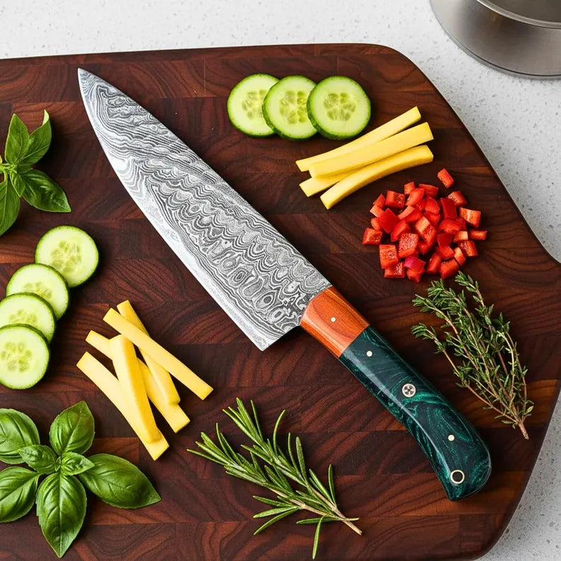Professional Damascus Cooking Knife 7" Chef & BBQ Knives Green Swirled Handle - US Duty Free